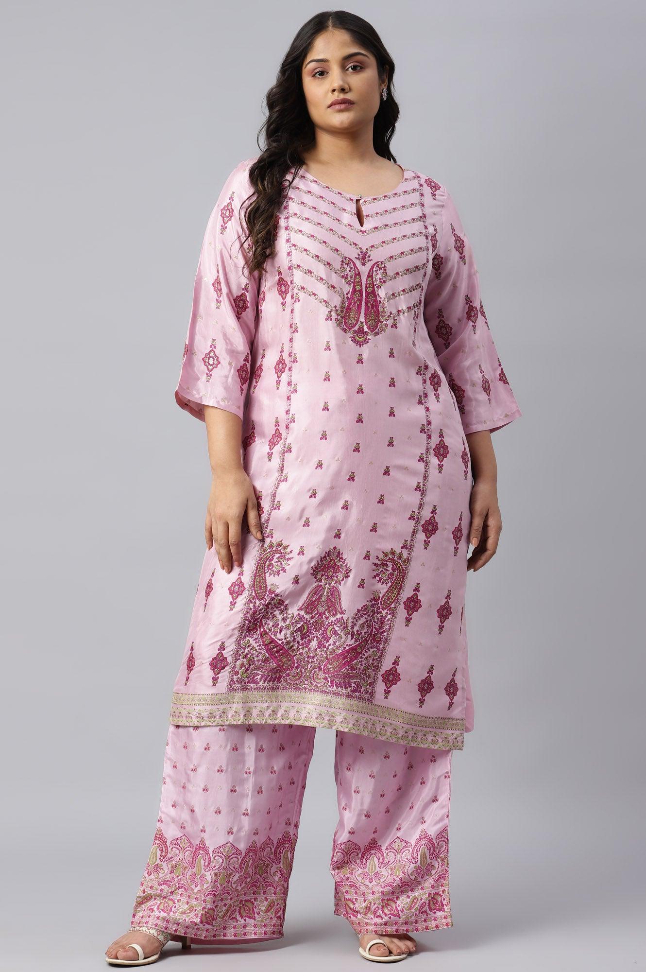 Plus Size Pink Glitter Printed Shantung kurta - wforwoman