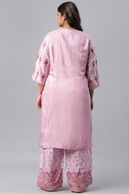 Plus Size Pink Glitter Printed Shantung kurta - wforwoman