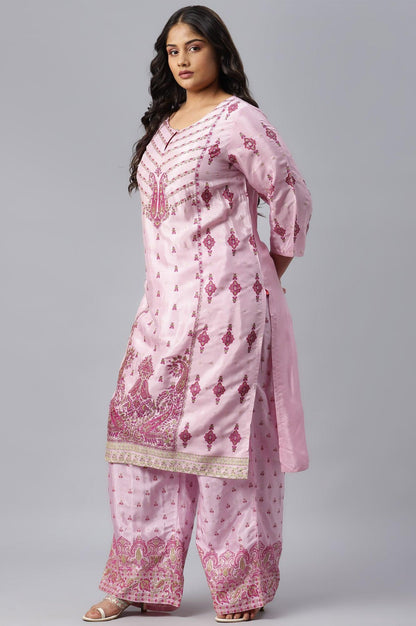 Plus Size Pink Glitter Printed Shantung kurta - wforwoman