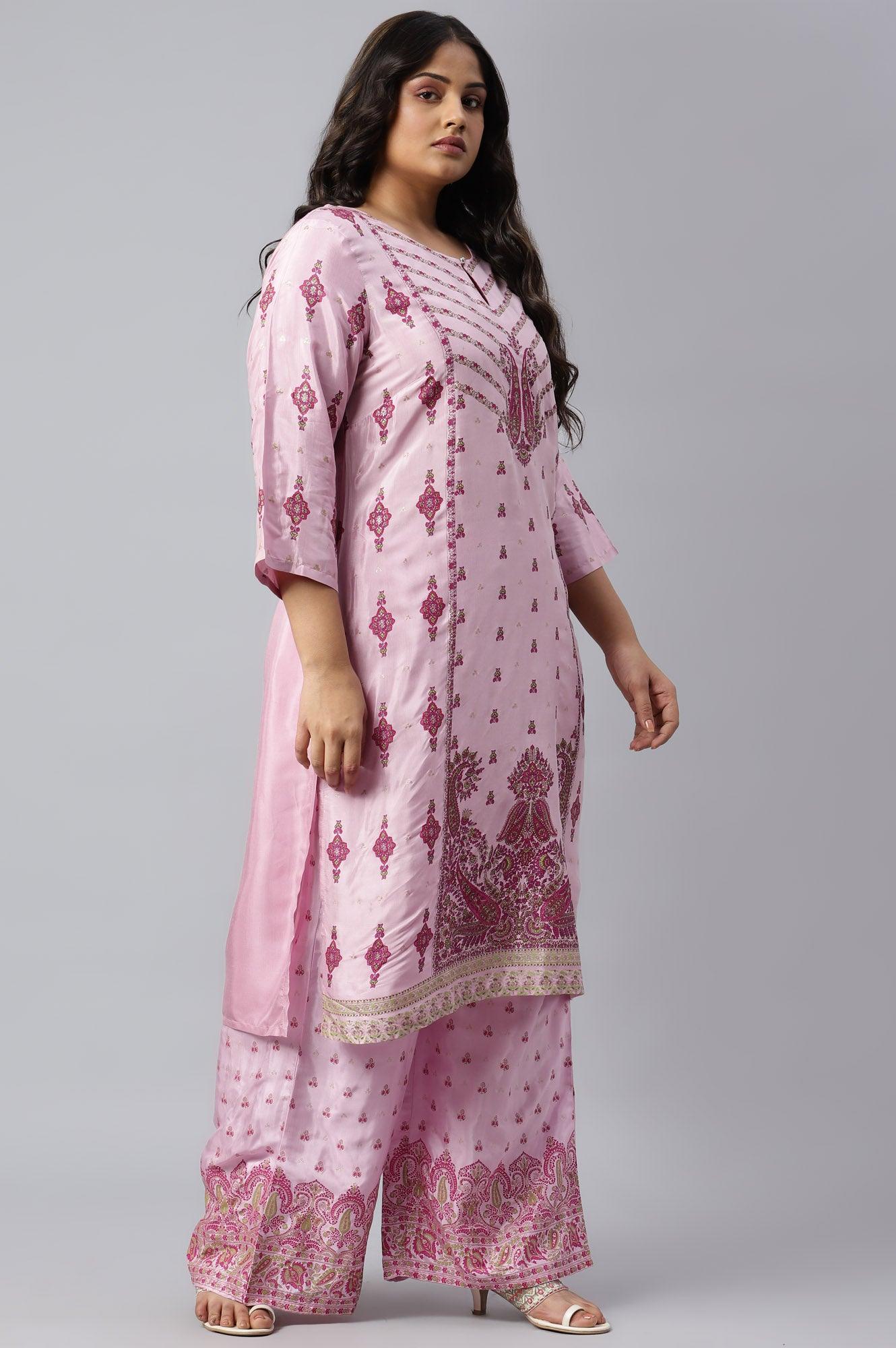 Plus Size Pink Glitter Printed Shantung kurta - wforwoman