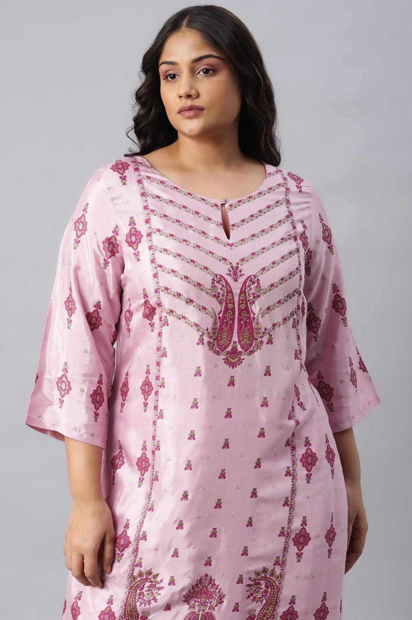 Plus Size Pink Glitter Printed Shantung kurta - wforwoman
