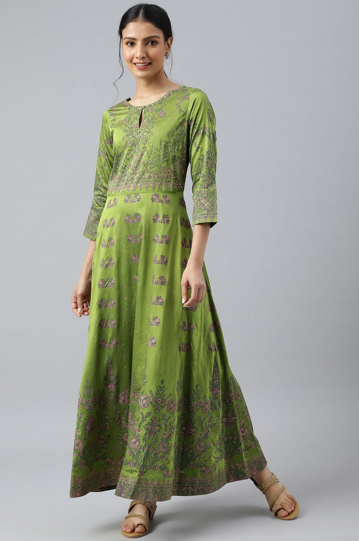 Green Floral Printed Embellished Indie Festive Dress - XS