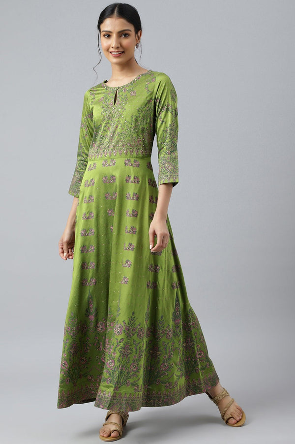 Green Floral Printed Embellished Indie Festive Dress