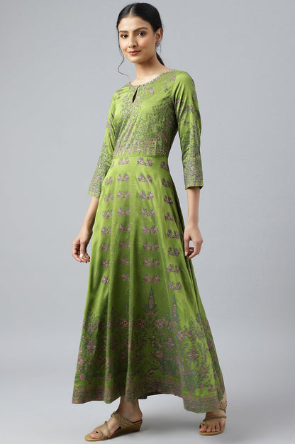 Green Floral Printed Indie Dress - wforwoman