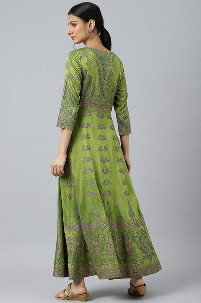 Green Floral Printed Indie Dress - wforwoman