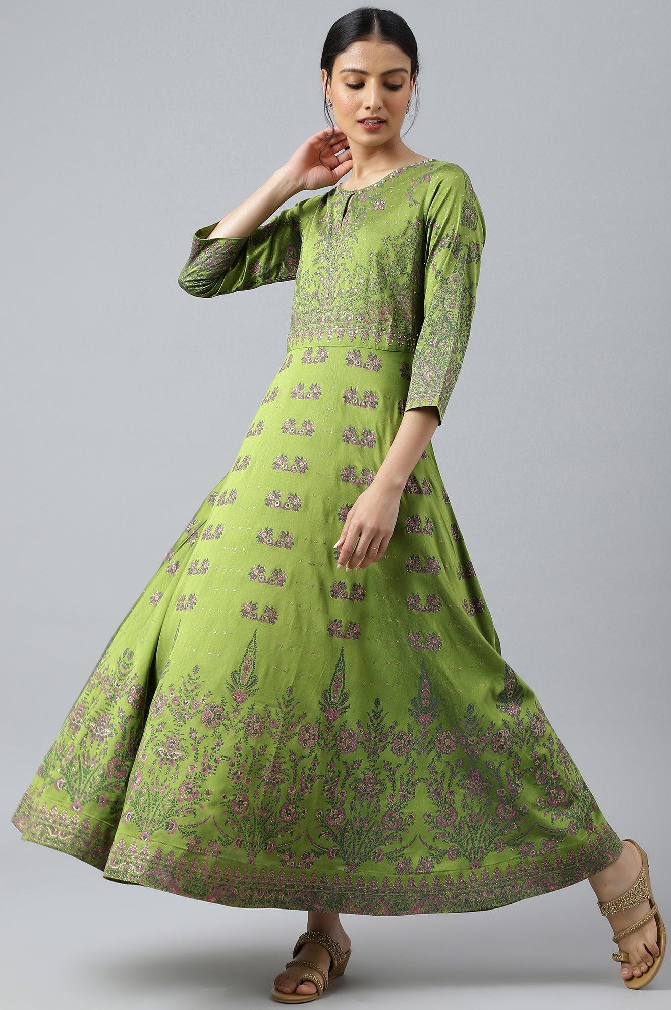 Green Floral Printed Indie Dress - wforwoman