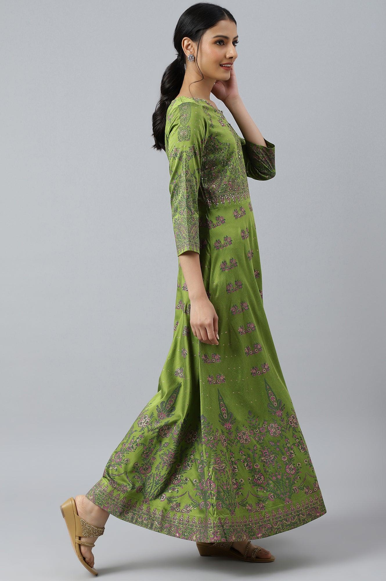 Green Floral Printed Indie Dress - wforwoman