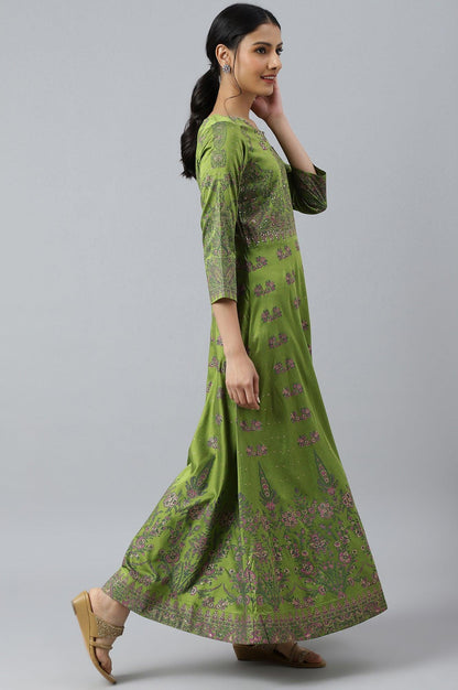 Green Floral Printed Indie Dress - wforwoman