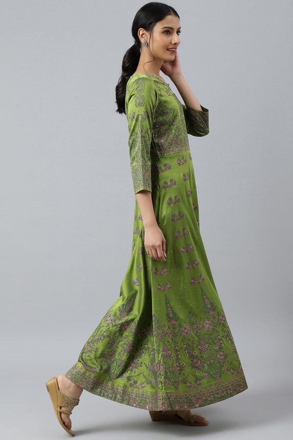 Green Floral Printed Embellished Indie Festive Dress