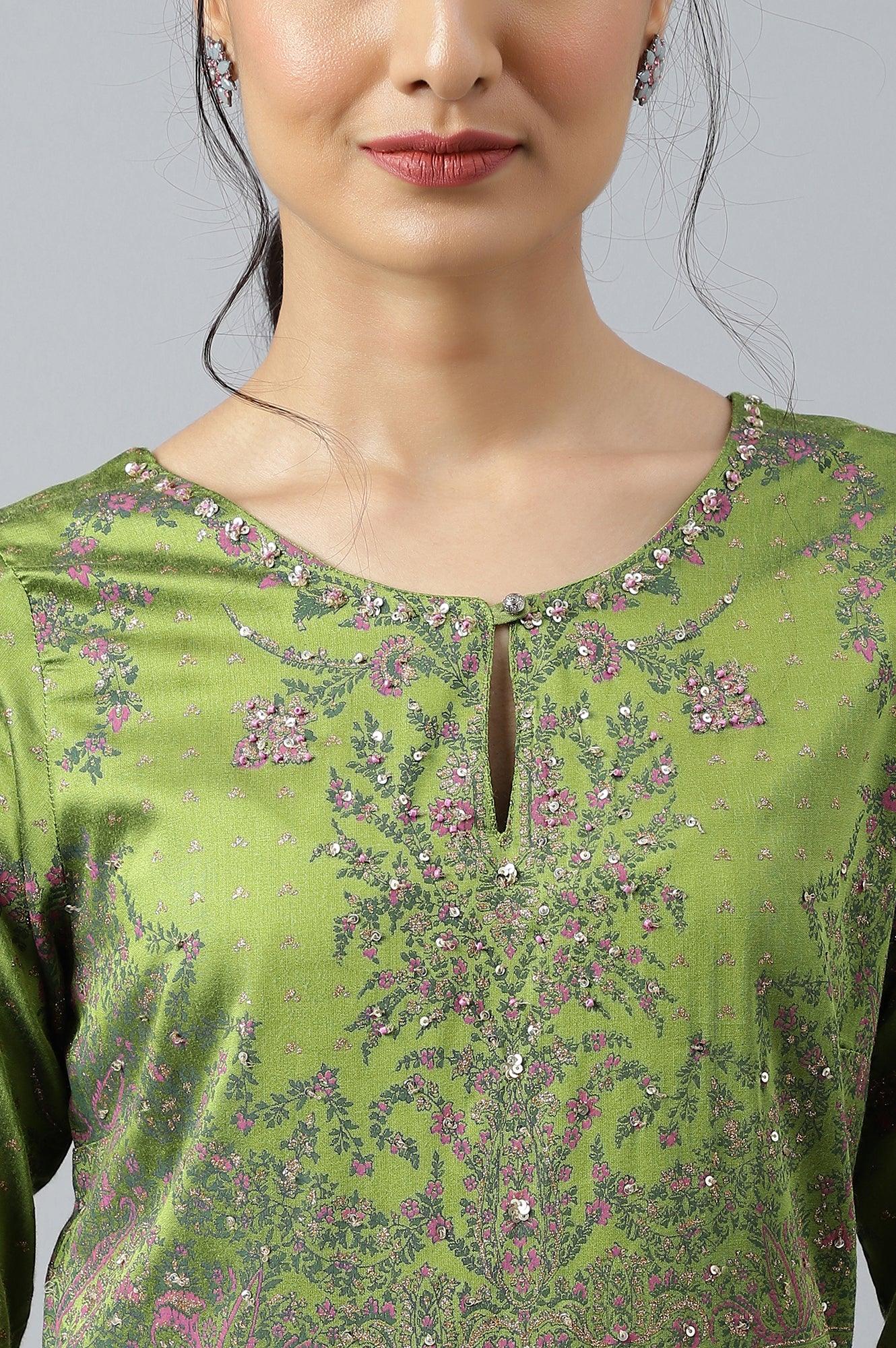 Buy Green Floral Printed Embellished Indie Festive Dress Online for Woman | WforWoman Buy Green Floral Printed Embellished Indie Festive Dress Online for Woman | WforWoman