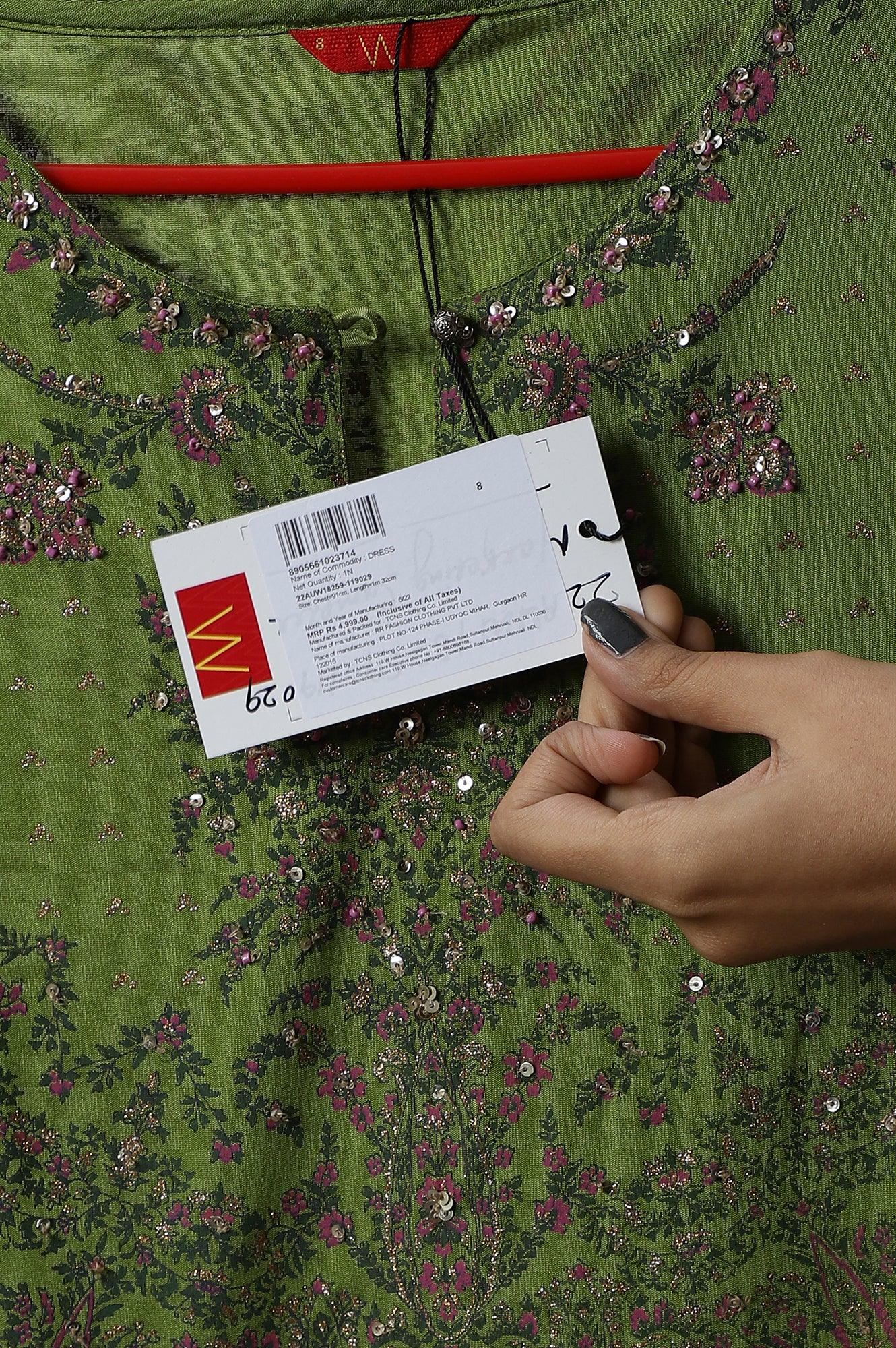 Green Floral Printed Indie Dress - wforwoman