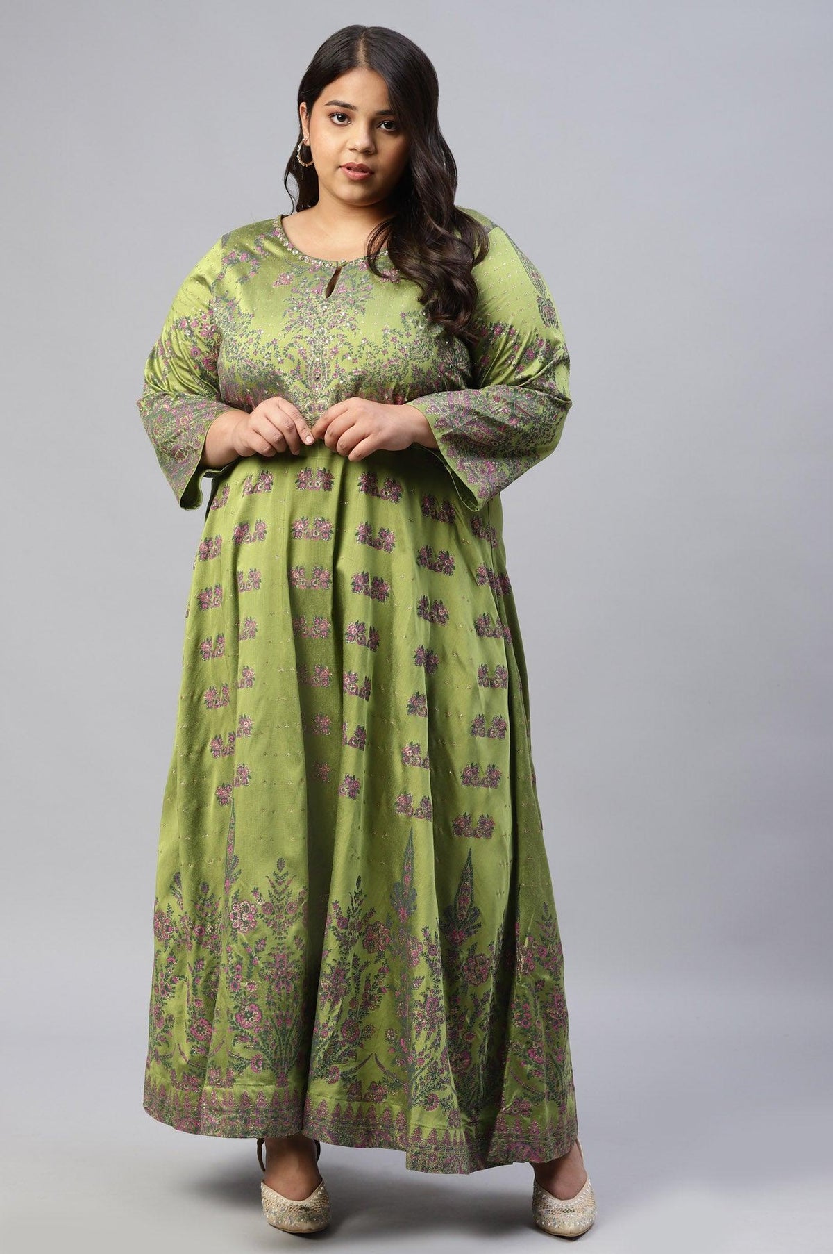 Plus Size Green Floral Printed Indie Dress - XS