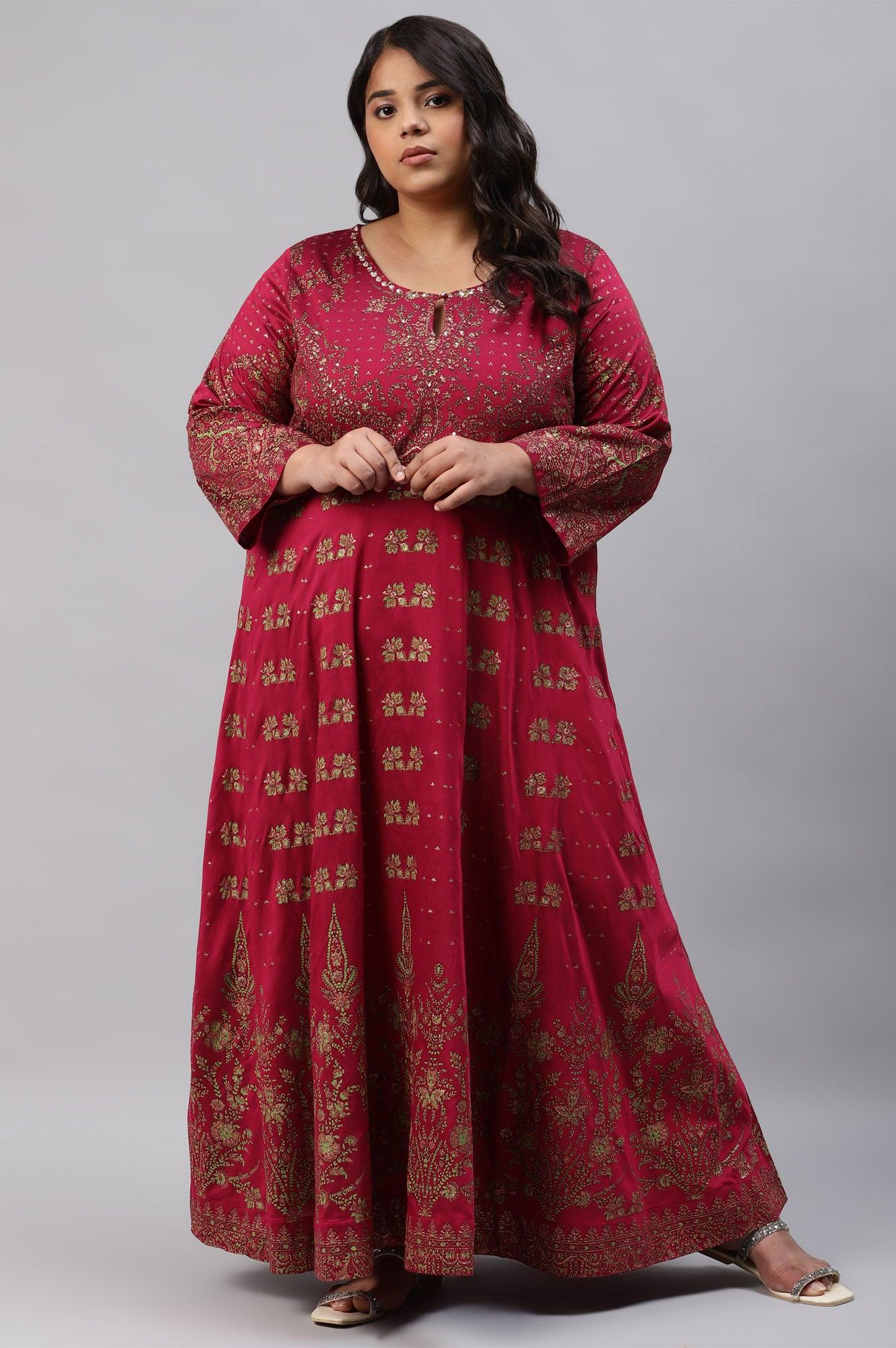 Plus Size Maroon Floral Printed Festive Indie Dress - wforwoman
