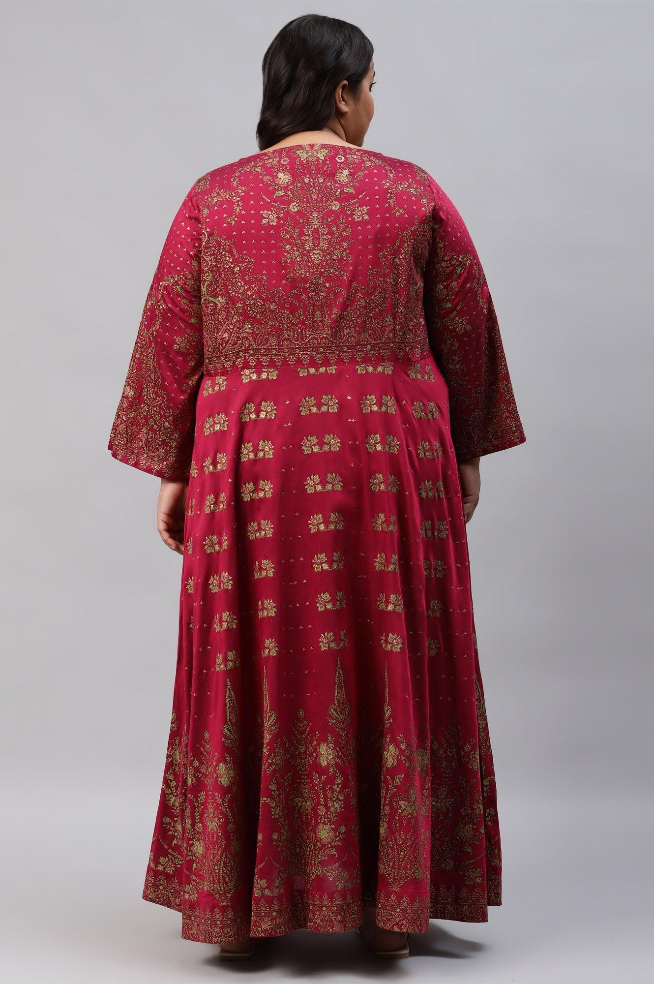 Plus Size Maroon Floral Printed Festive Indie Dress - wforwoman