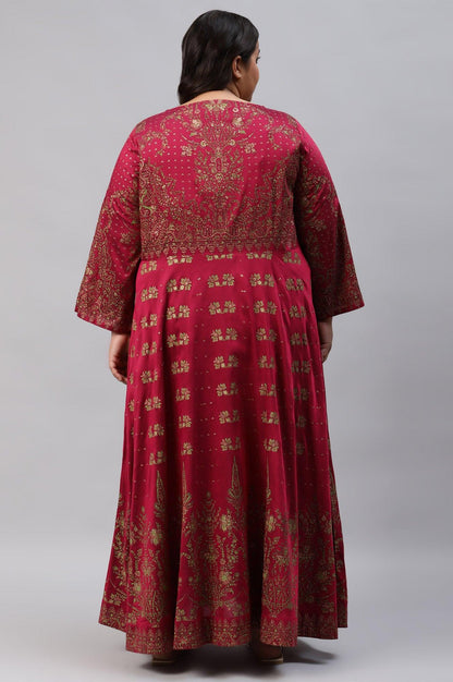 Plus Size Maroon Floral Printed Festive Indie Dress - wforwoman