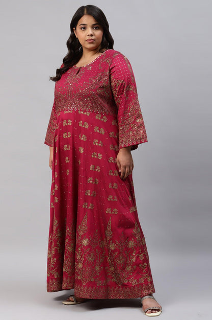 Plus Size Maroon Floral Printed Festive Indie Dress - wforwoman