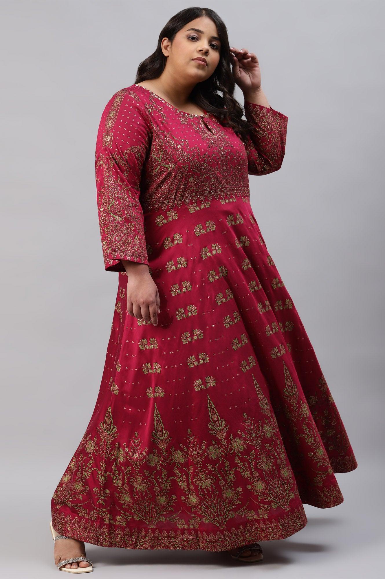 Plus Size Maroon Floral Printed Festive Indie Dress - wforwoman