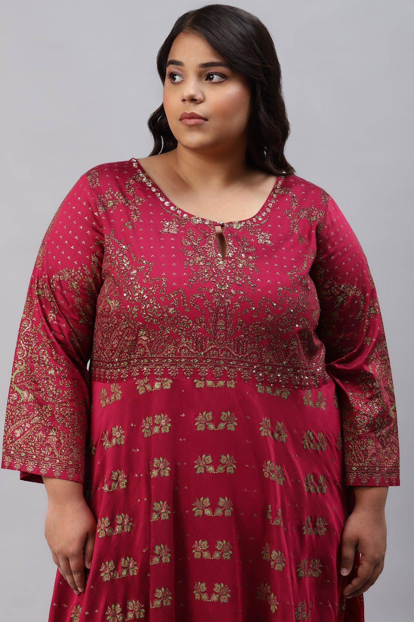 Plus Size Maroon Floral Printed Festive Indie Dress - wforwoman