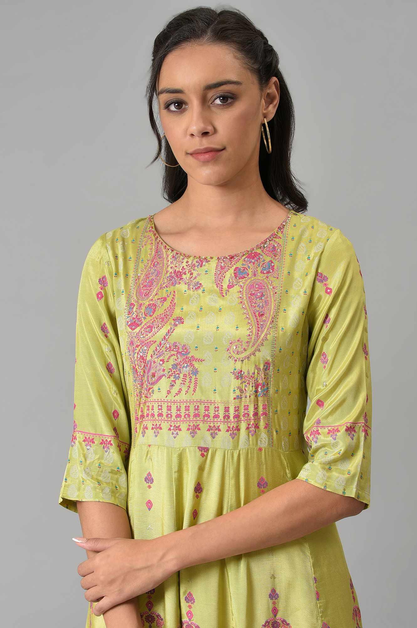 Green Floral Printed And Embellished Festive kurta - wforwoman