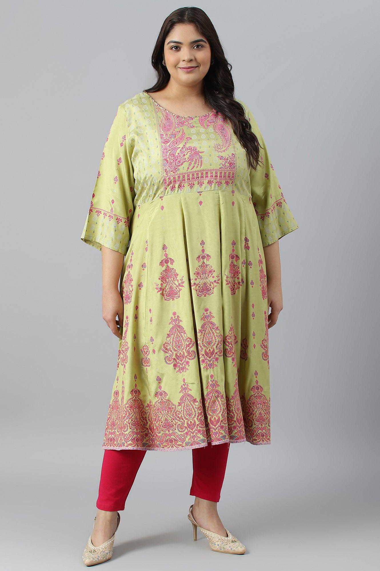Green Floral Printed And Embellished Festive Plus Size kurta - wforwoman