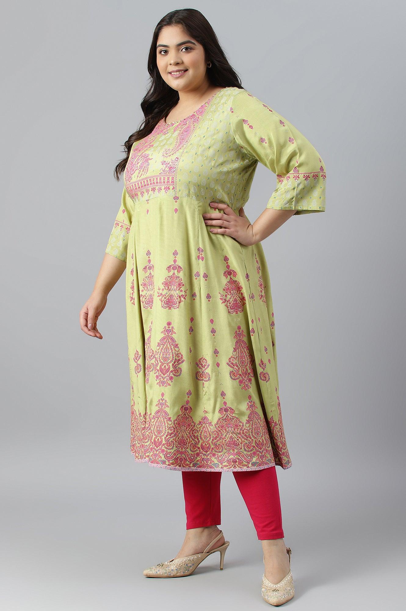 Green Floral Printed And Embellished Festive Plus Size kurta - wforwoman