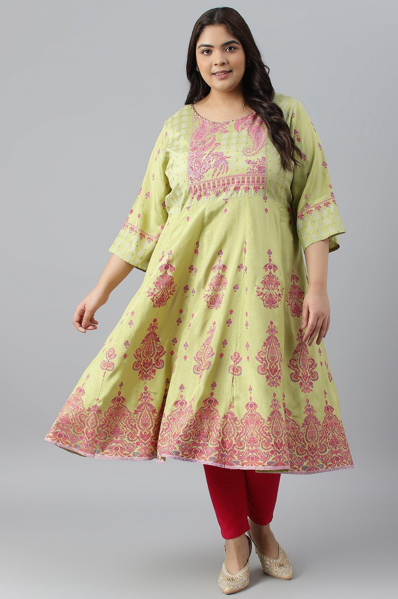 Green Floral Printed And Embellished Festive Plus Size kurta - wforwoman