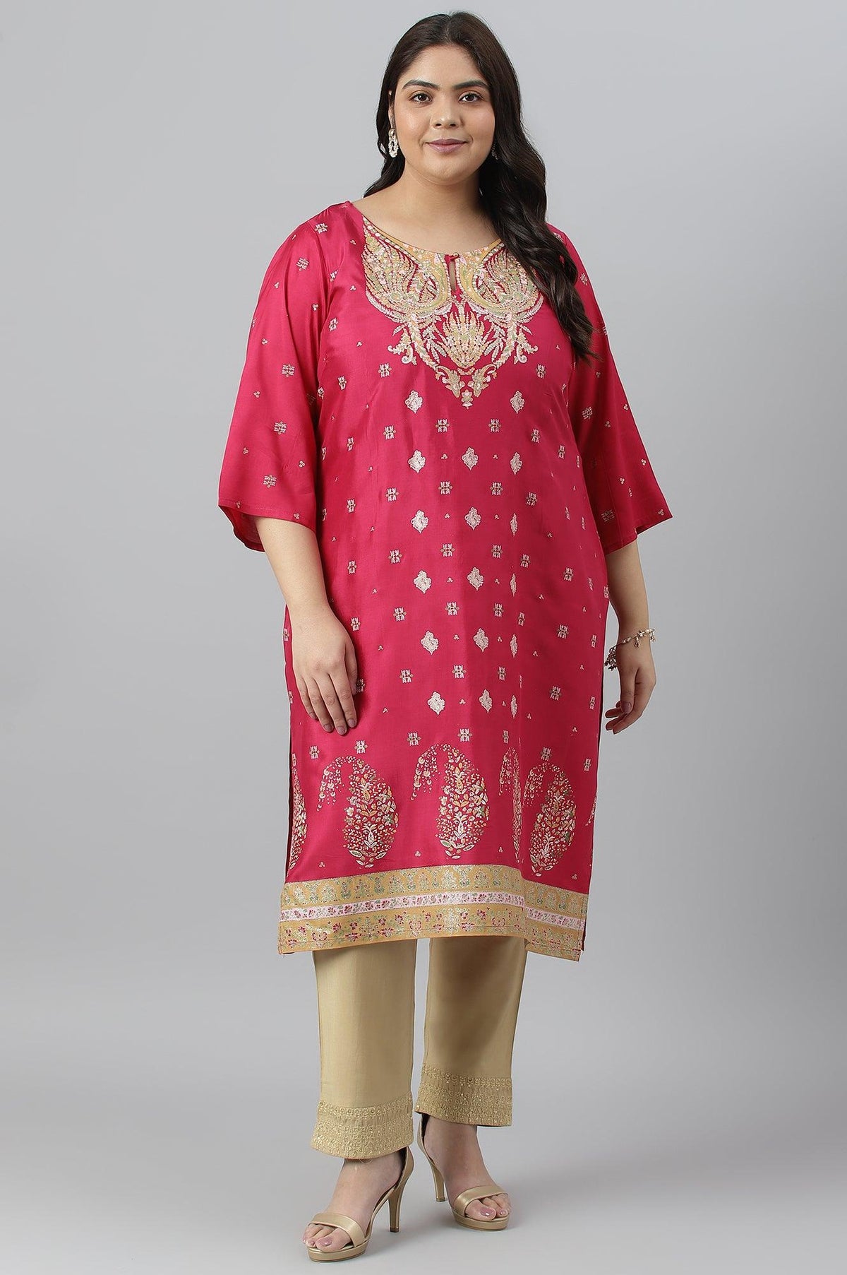 Plus Size Dark Pink Glitter Placement Print kurta - 20