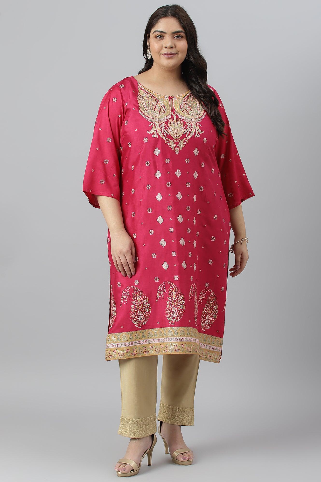 Plus Size Dark Pink Glitter Placement Print kurta - wforwoman