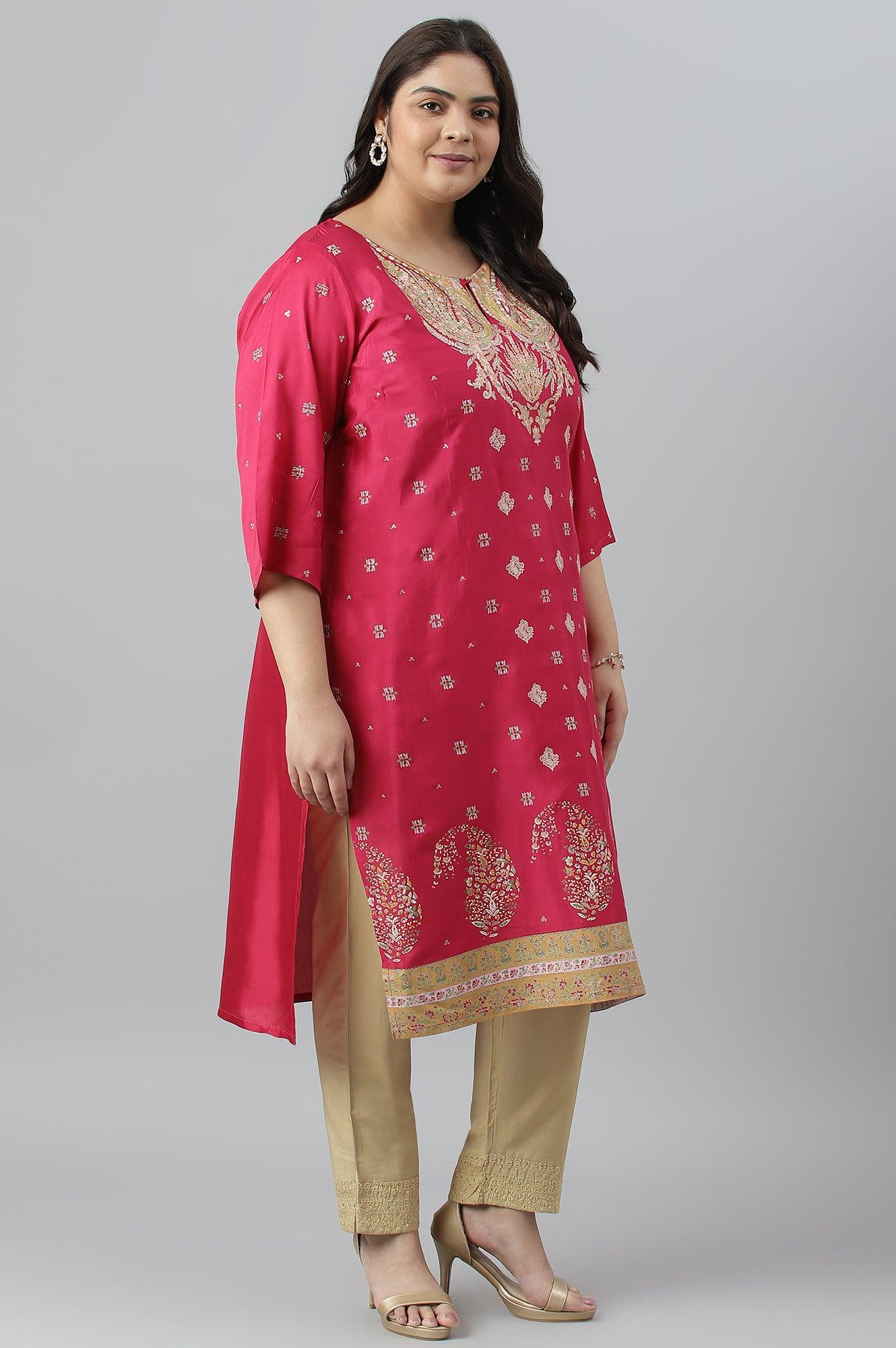 Plus Size Dark Pink Glitter Placement Print kurta - wforwoman