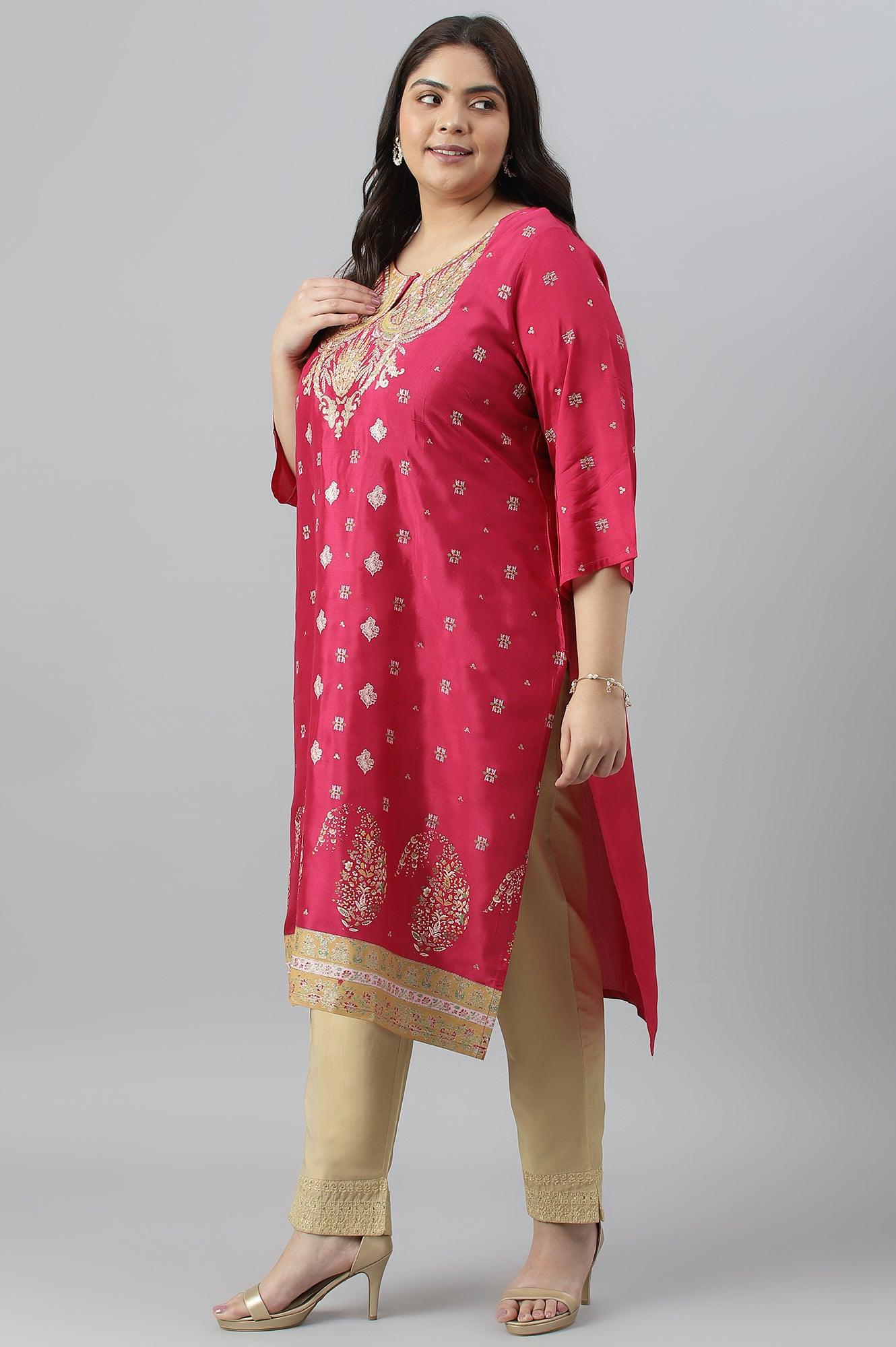 Plus Size Dark Pink Glitter Placement Print kurta - wforwoman