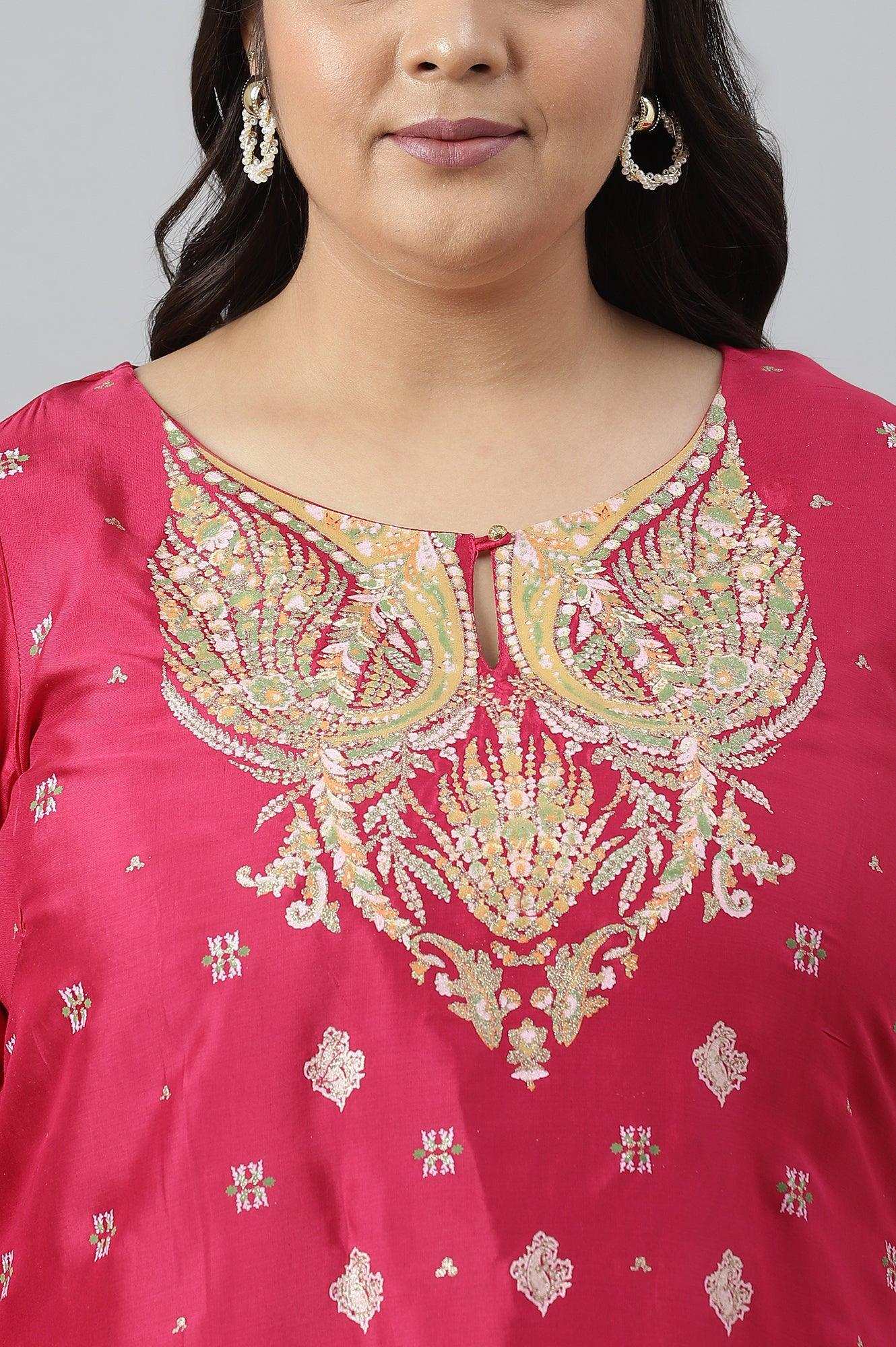 Plus Size Dark Pink Glitter Placement Print kurta - wforwoman