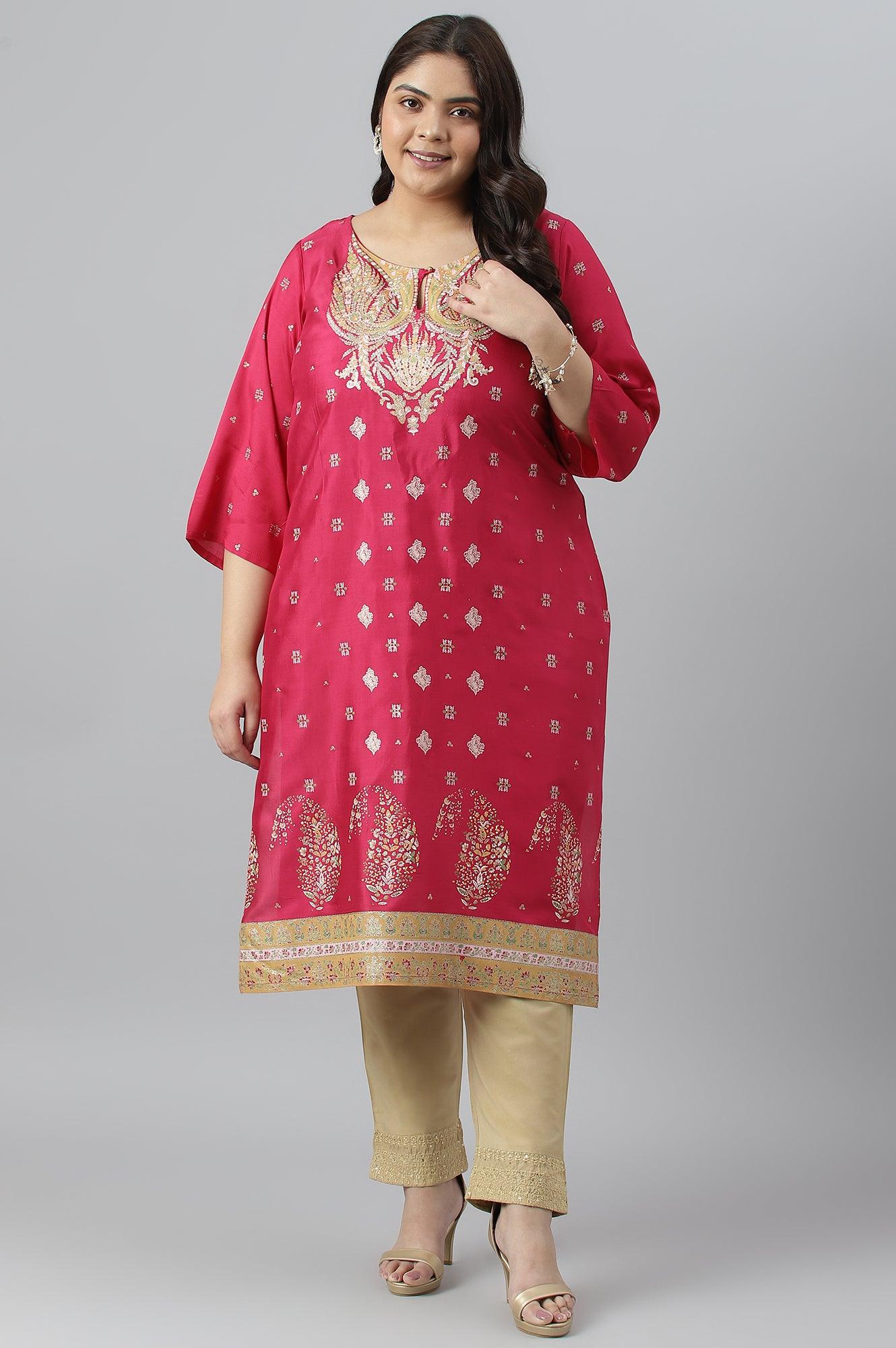 Plus Size Dark Pink Glitter Placement Print kurta - wforwoman
