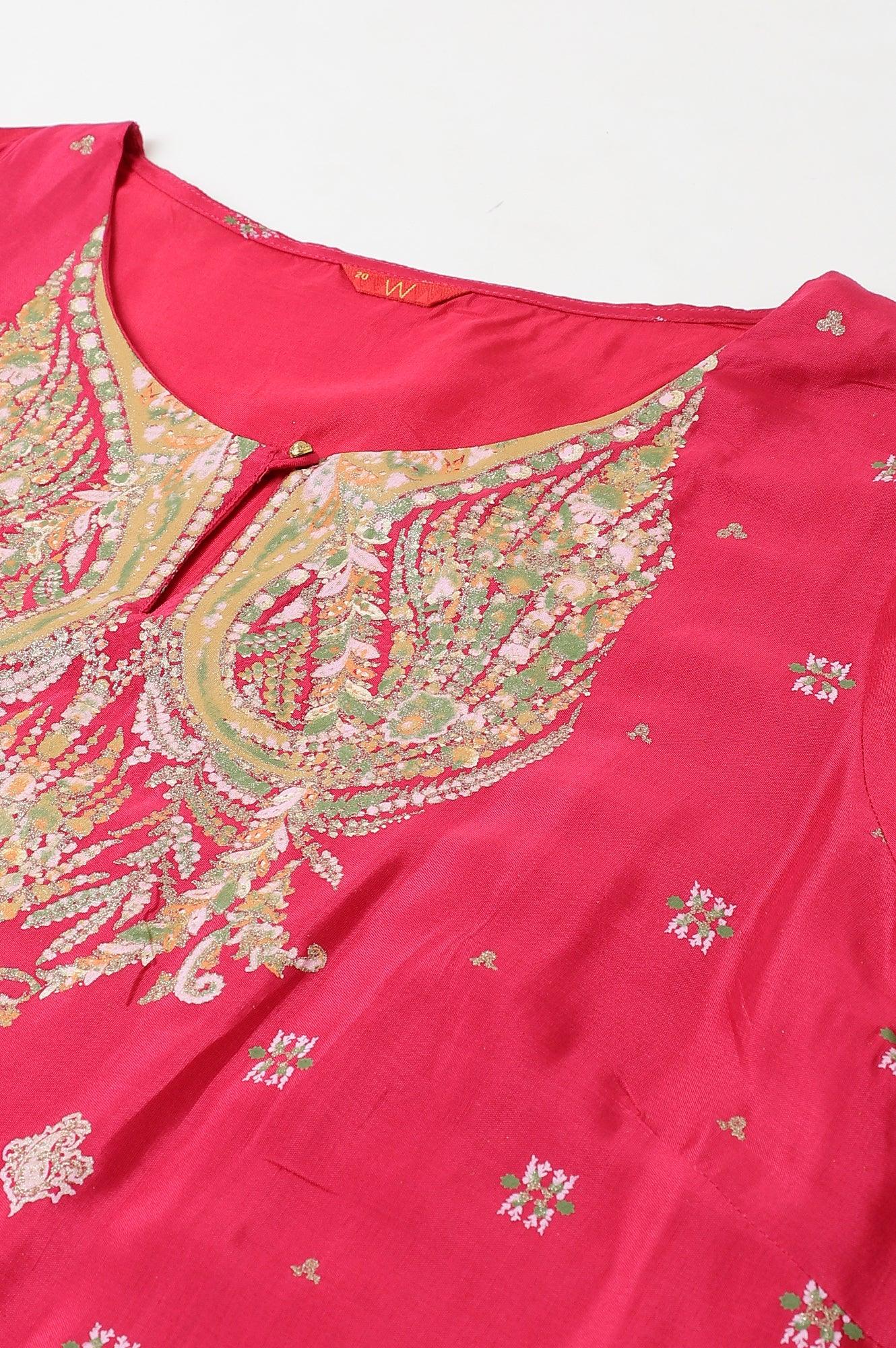 Plus Size Dark Pink Glitter Placement Print kurta - wforwoman