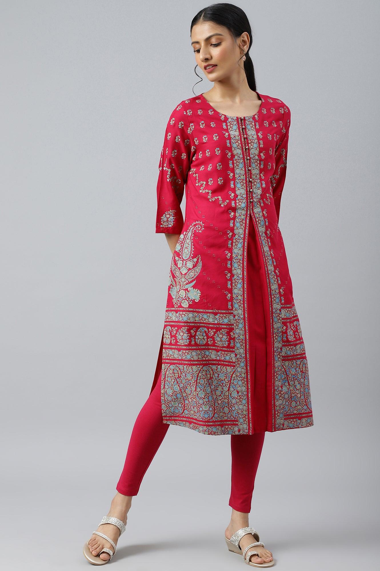 Pink Placement Print Rayon kurta - wforwoman