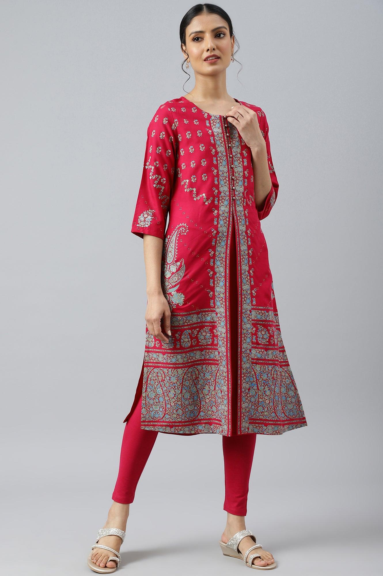 Pink Placement Print Rayon kurta - wforwoman