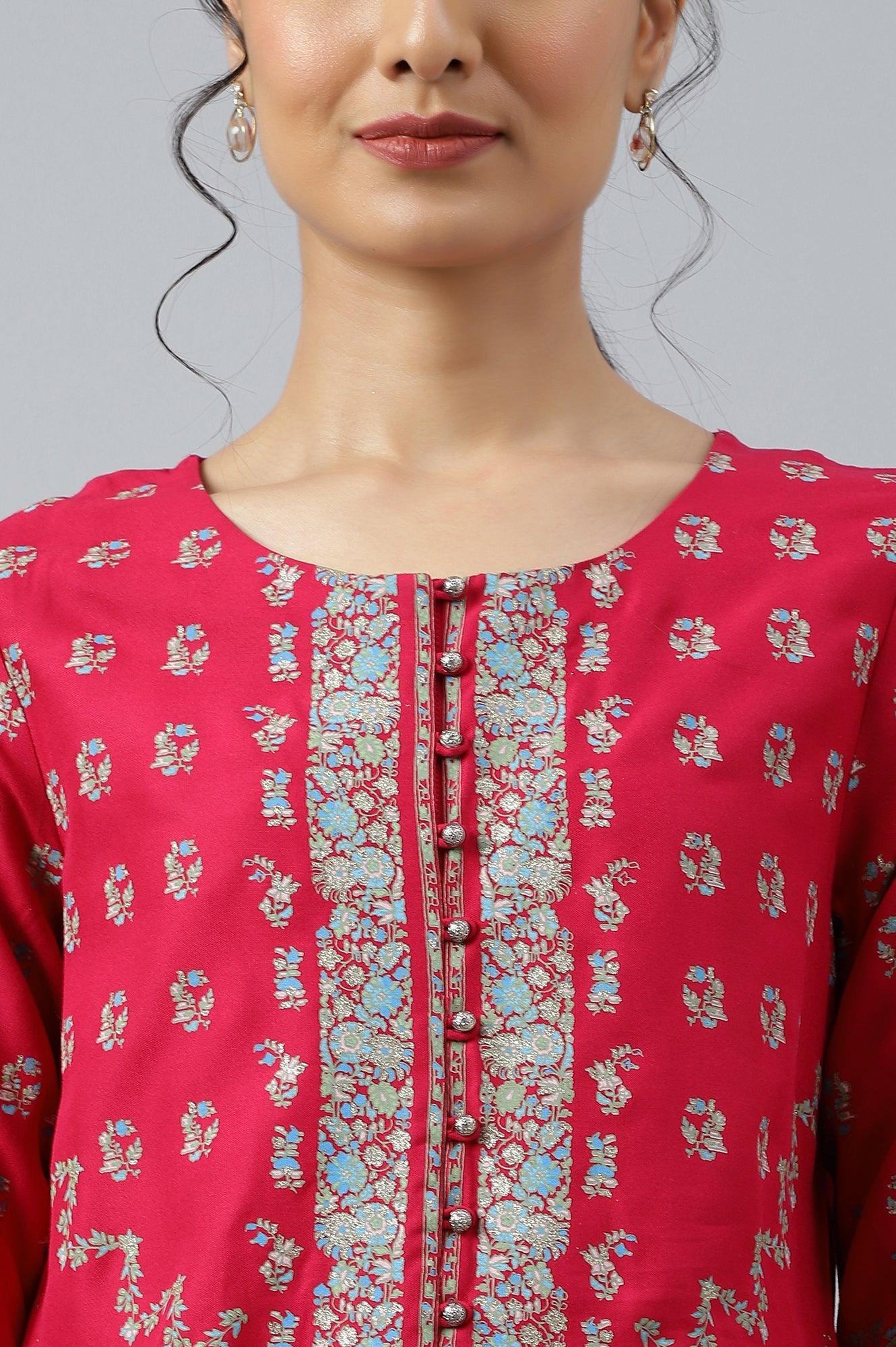 Pink Placement Print Rayon kurta - wforwoman