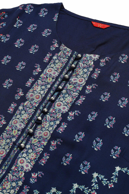 Dark Blue Placement Print Rayon kurta - wforwoman