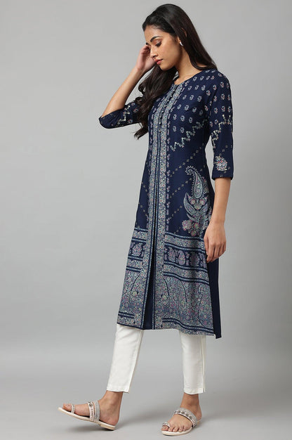 Dark Blue Placement Print Rayon kurta - wforwoman