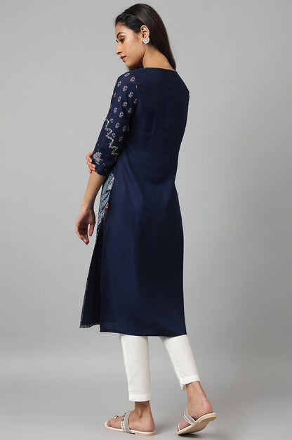 Dark Blue Placement Print Rayon kurta - wforwoman