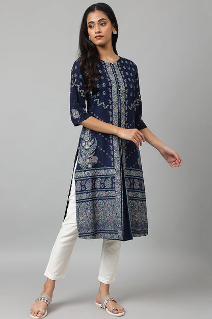Dark Blue Placement Print Rayon kurta - wforwoman