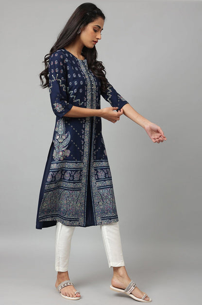 Dark Blue Placement Print Rayon kurta - wforwoman