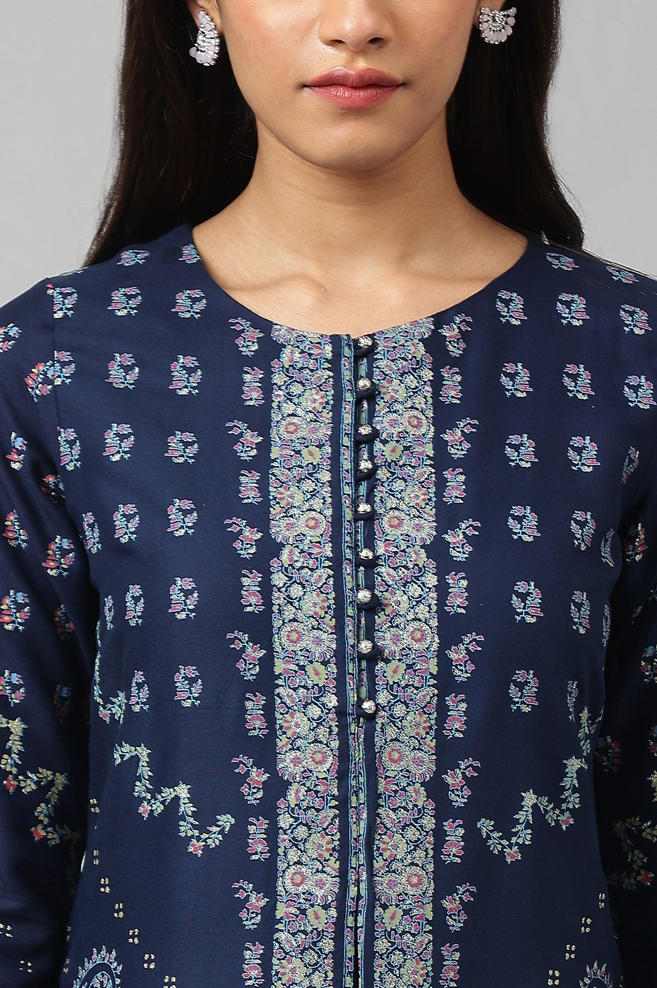 Dark Blue Placement Print Rayon kurta - wforwoman
