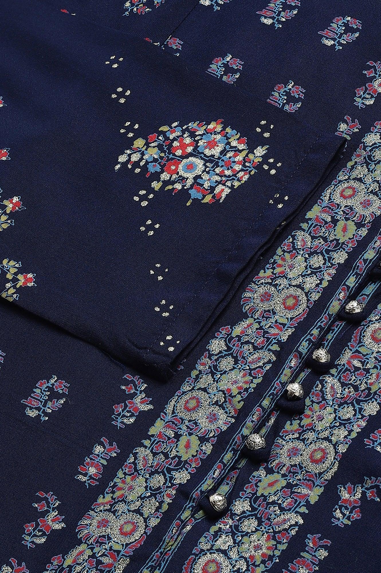 Dark Blue Placement Print Rayon kurta - wforwoman