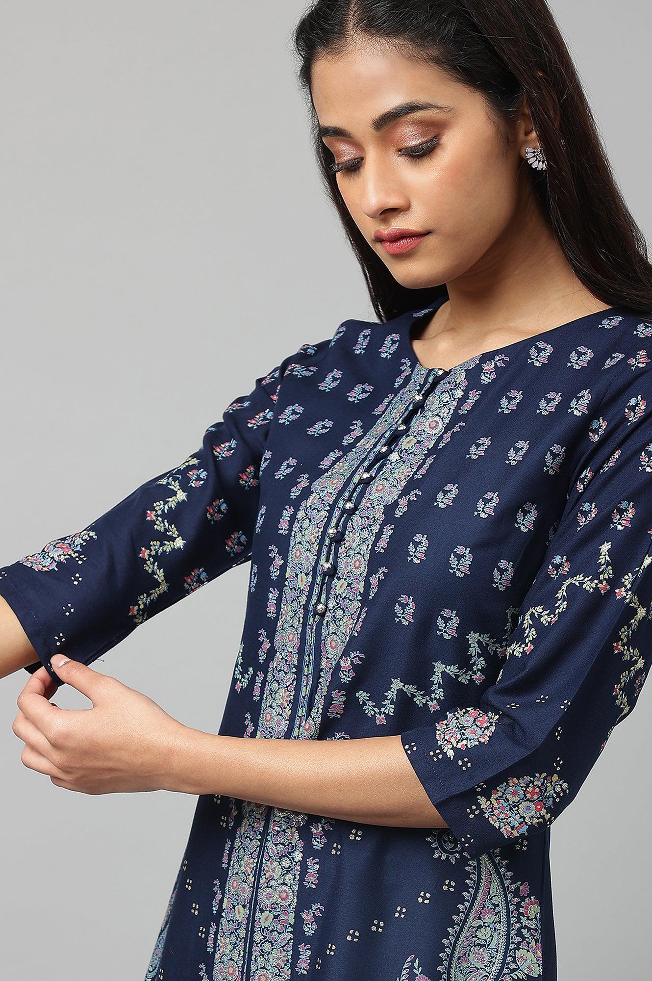 Dark Blue Placement Print Rayon kurta - wforwoman