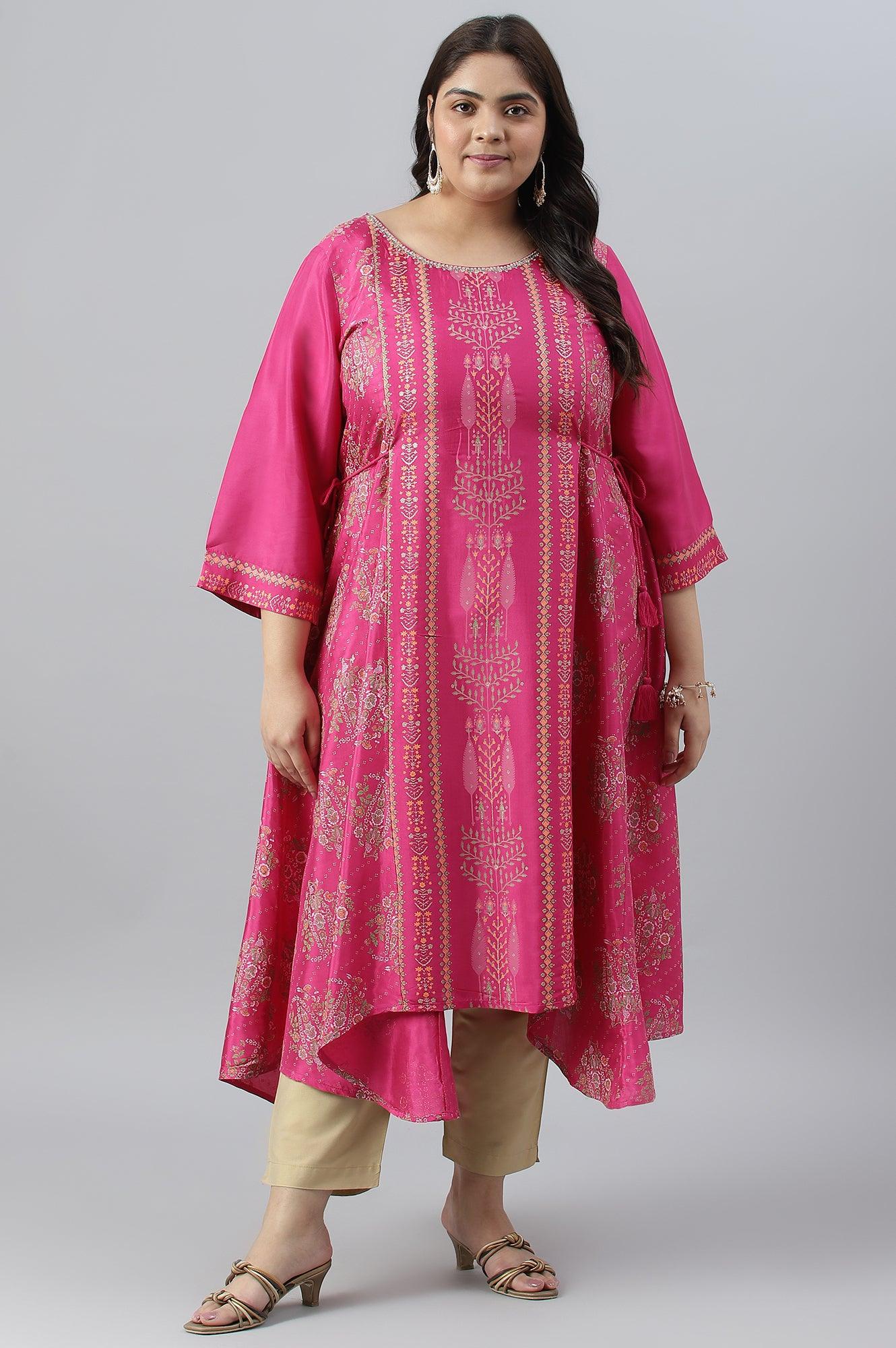 Plus Size Pink Flared Paisley Print kurta - wforwoman