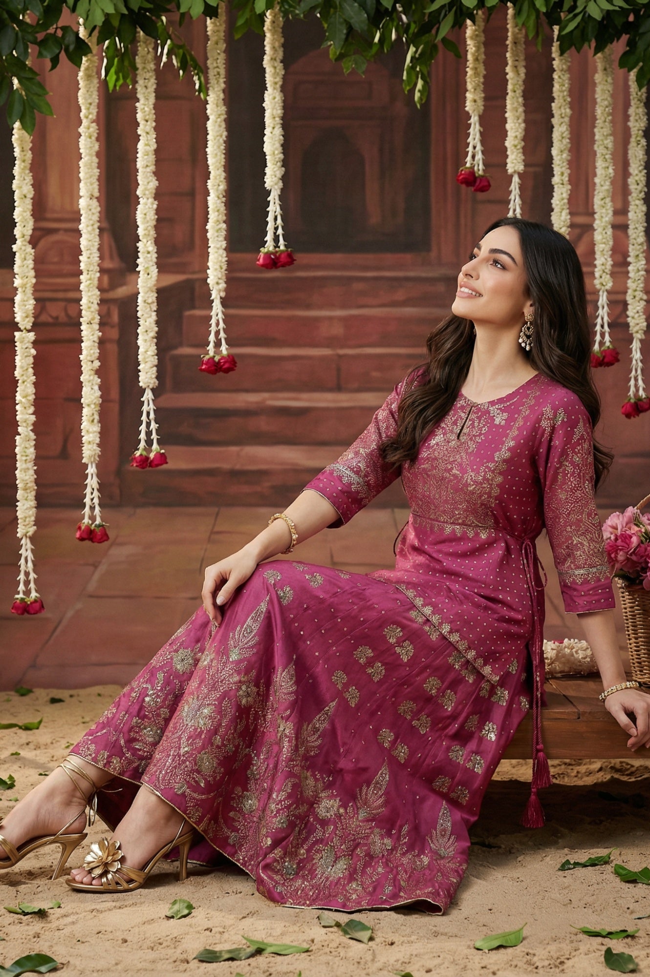 Grape Purple Glitter Floral Embellished Shantung A-Line Duo Dress