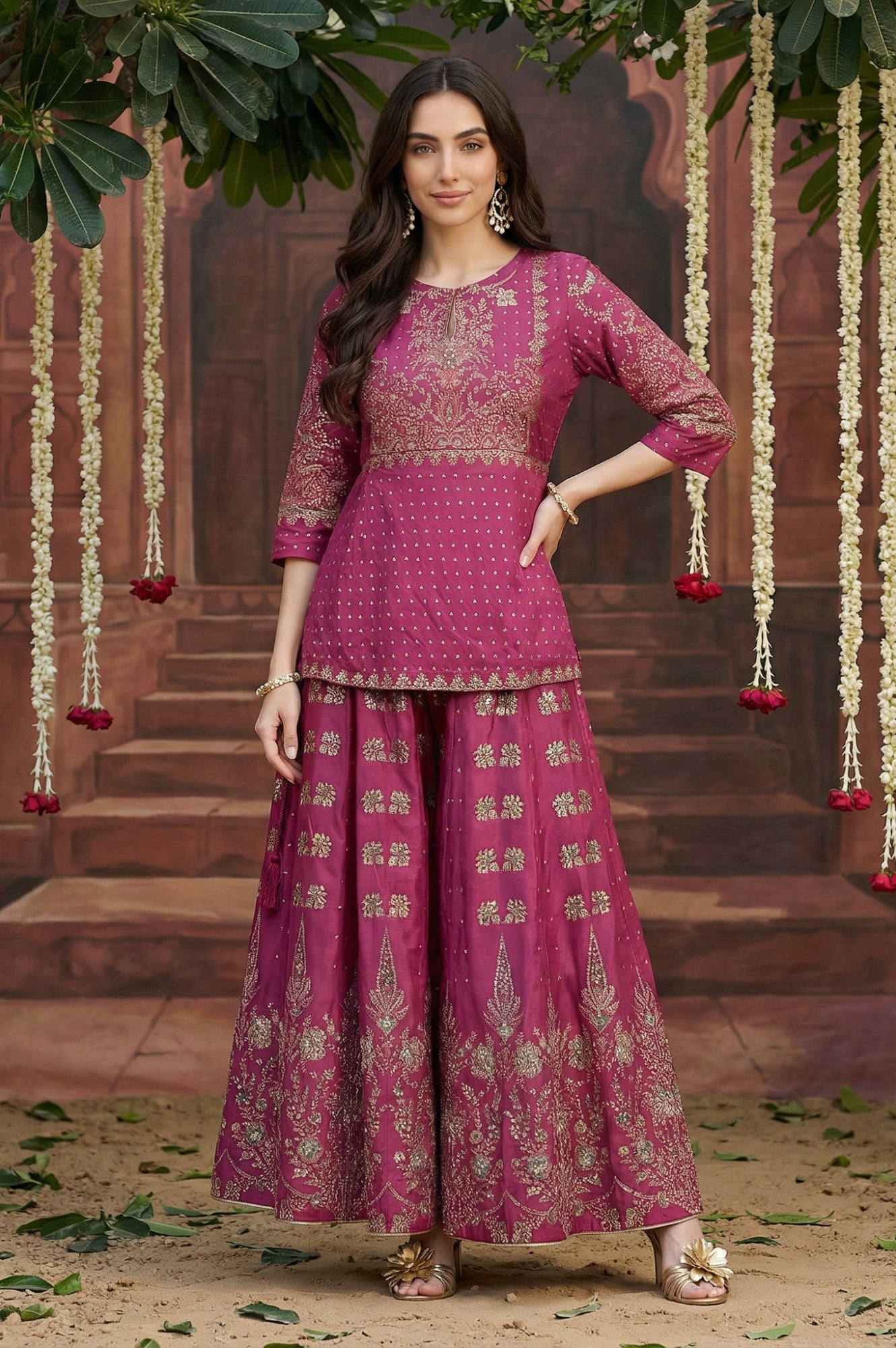 Grape Purple Glitter Floral Embellished Shantung A-Line Duo Dress