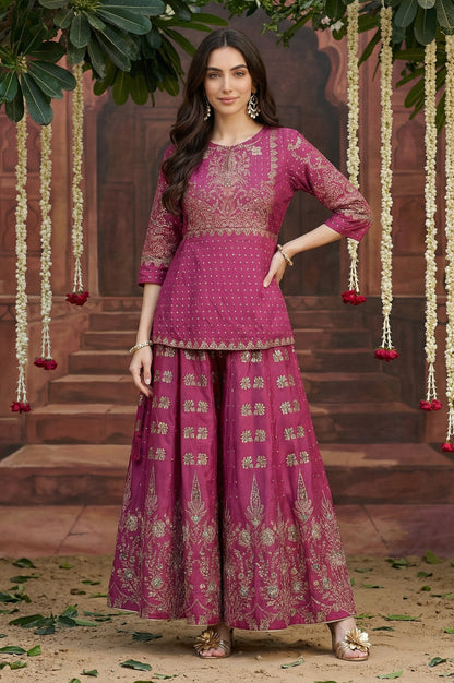 Grape Purple Glitter Floral Embellished Shantung A-Line Duo Dress