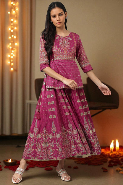 Grape Purple Glitter Floral Embellished Shantung A-Line Duo Dress