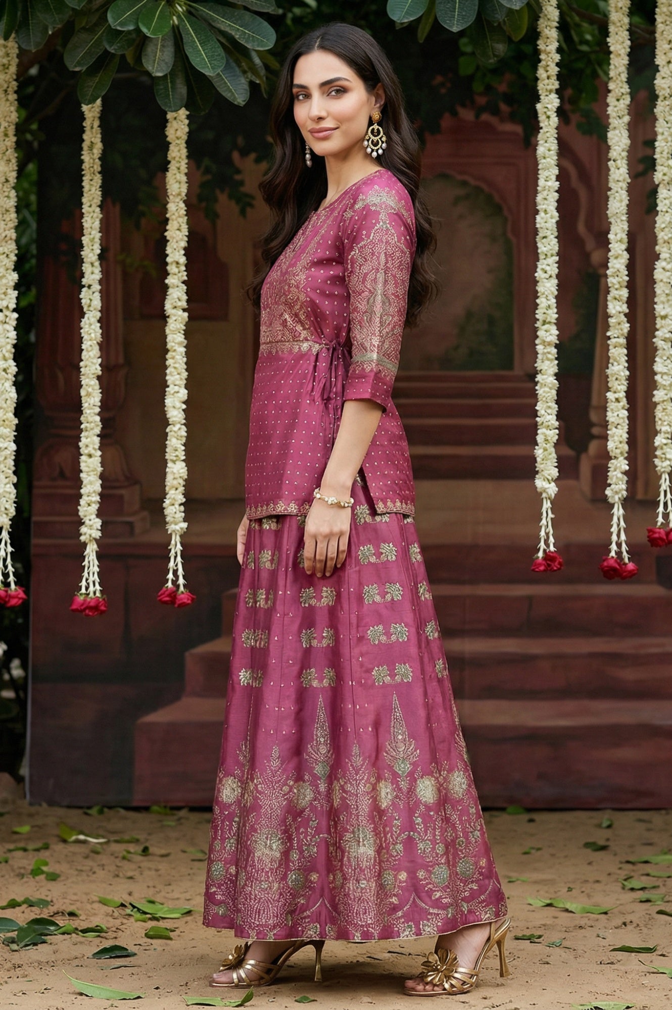 Grape Purple Glitter Floral Embellished Shantung A-Line Duo Dress